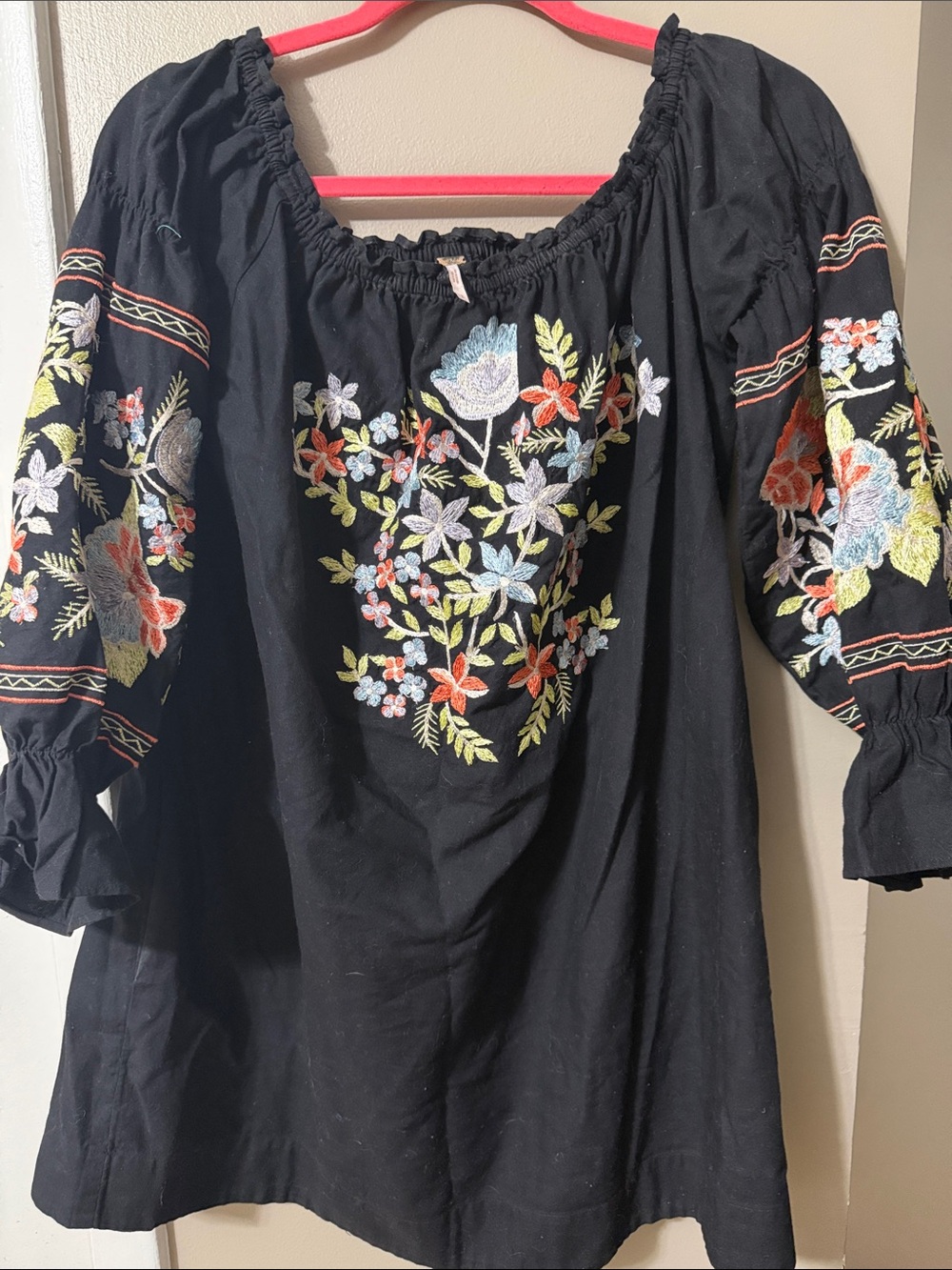 Black Floral Embroidered Peasant Top - Brand:Free People